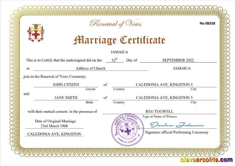 Jamaica marriage certificate